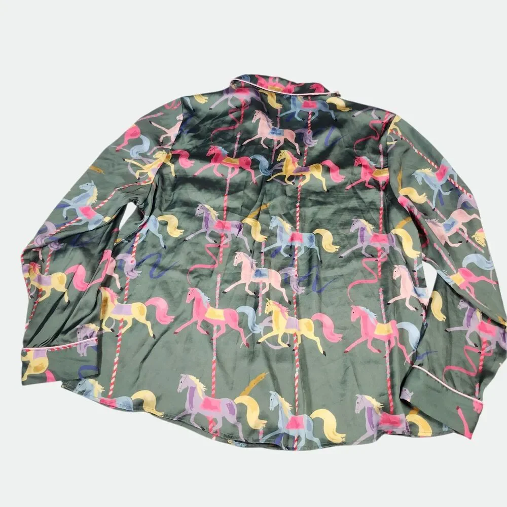Karen Mabon Whimsical CAROUSEL Satin Pajama Shirt Women's Size XLARGE Green RARE